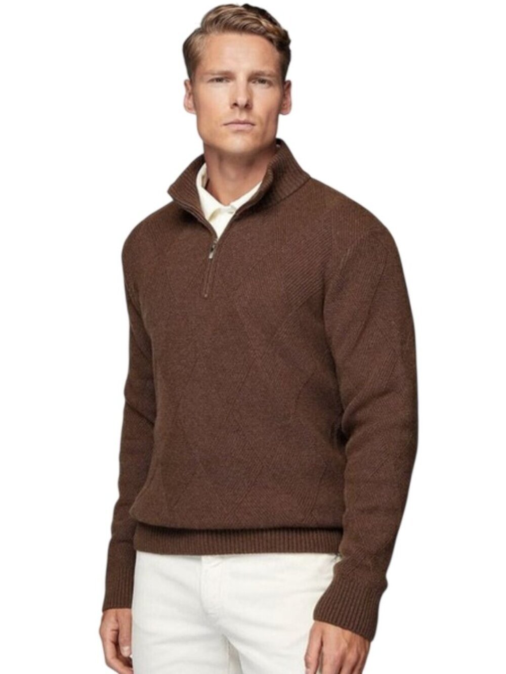 Boggi Milano NWT Brown Textured Wool Blend 1/2 Zip Mock Neck Sweater Size M
